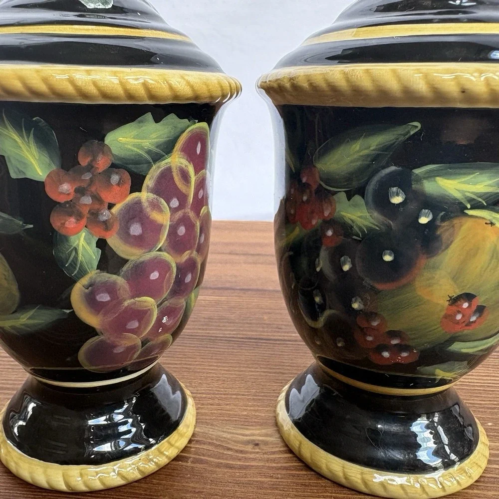 Raymond Waites Hand Painted Salt Pepper‎ Shakers Black Fruit Ceramic Set